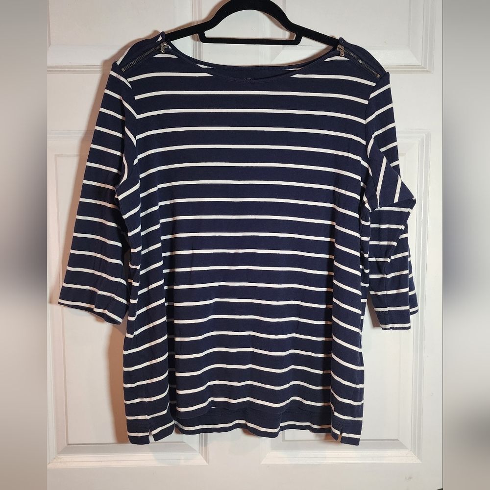 Croft & Barrow Navy Blue And White Striped 3/4 Sleeve Top Zipper Shoulders 2X